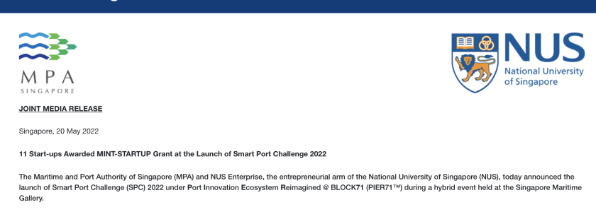 MagicPort awarded MINT-STARTUP Grant by Maritime and Port Authority of Singapore (MPA)